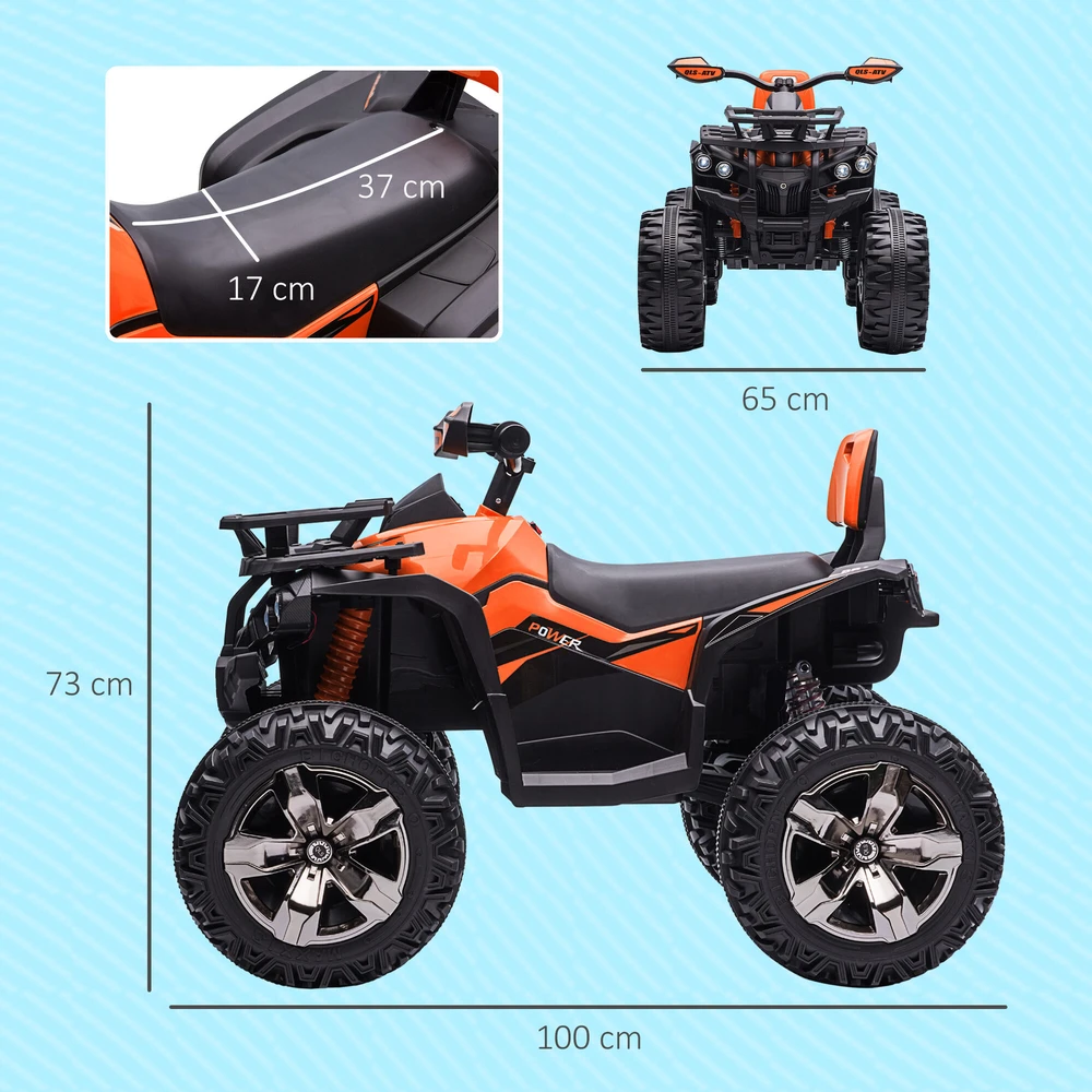 Vaikiškas keturratis HOMCOM, 12V 10Ah, su pirmyn ir atgal važiavimo funkcija, 2 varikliais, USB jungtimi, MP3 grotuvu, žibintais, 3-8 km/val., vaikams nuo 3-5 metų, oranžinis