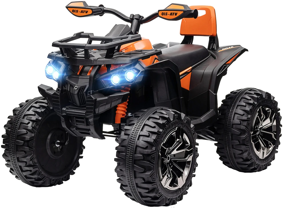 Vaikiškas keturratis HOMCOM, 12V 10Ah, su pirmyn ir atgal važiavimo funkcija, 2 varikliais, USB jungtimi, MP3 grotuvu, žibintais, 3-8 km/val., vaikams nuo 3-5 metų, oranžinis