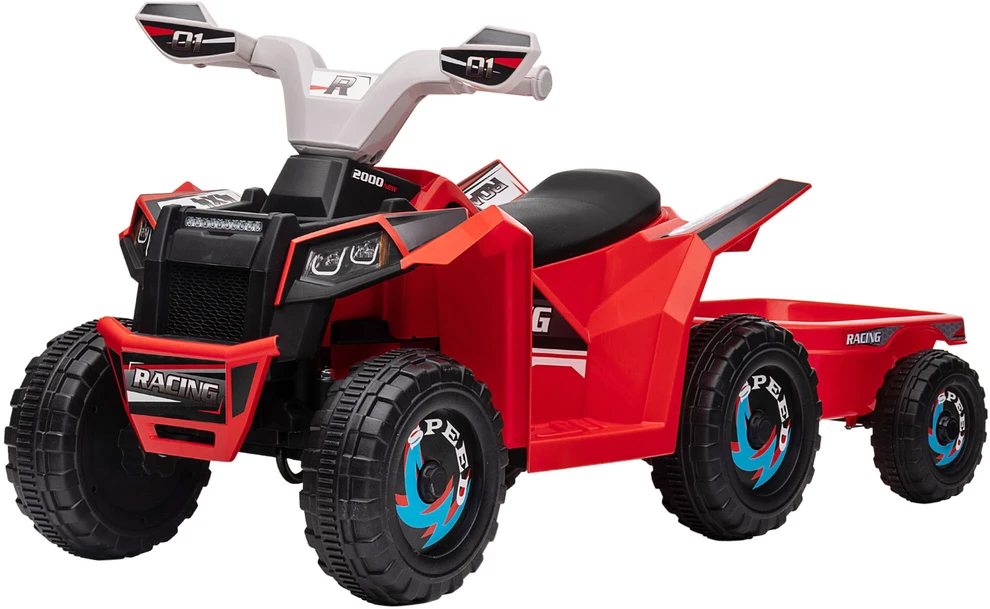 HOMCOM vaikiškas elektrinis keturratis 6V, vaikiška transporto priemonė, elektromobilis su priekaba vaikams 1,5–3 metų, 2,5 km/val., metalas, 106 x 41,5 x 48,5 cm, raudona