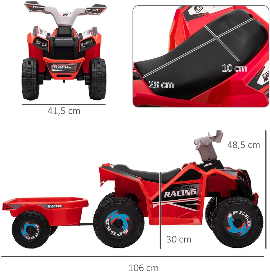 HOMCOM vaikiškas elektrinis keturratis 6V, vaikiška transporto priemonė, elektromobilis su priekaba vaikams 1,5–3 metų, 2,5 km/val., metalas, 106 x 41,5 x 48,5 cm, raudona