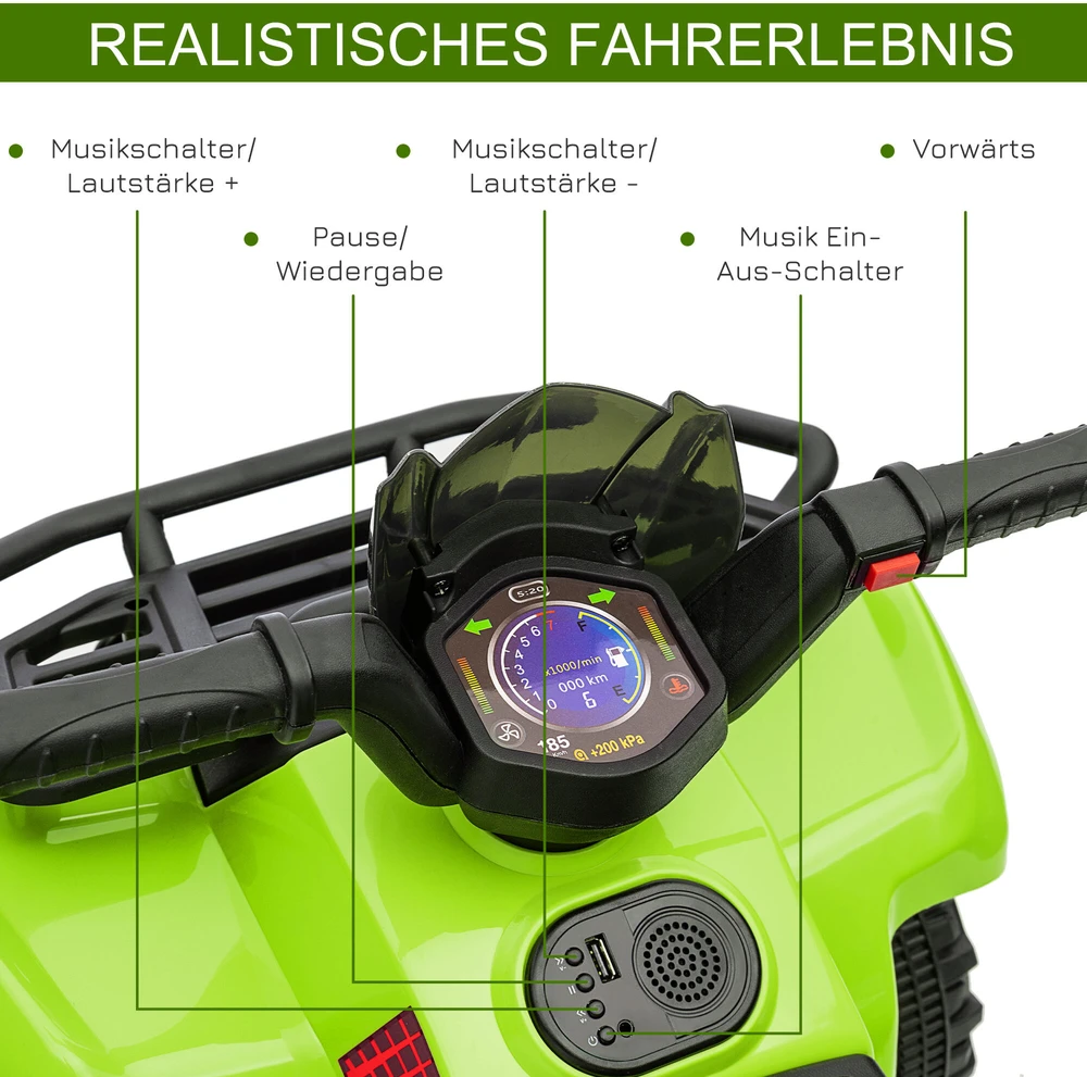 HOMCOM mini elektrinis keturratis vaikams, ATV vaikiškas automobilis su priekiniu žibintu, vaikiškas motociklas 18-36 mėnesių vaikams, žalias