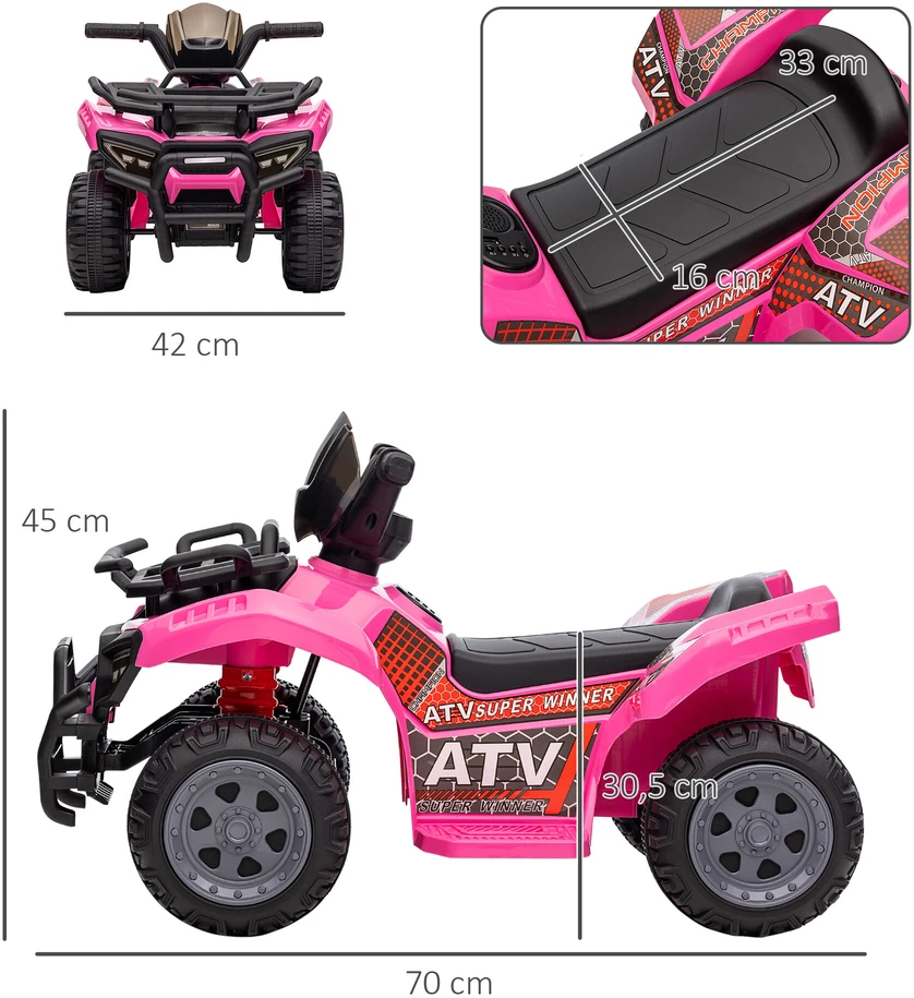 HOMCOM mini elektrinis keturratis vaikams 18-36 mėn., vaikiškas elektrinis ATV su LED priekiniu žibintu, metalas ir PP plastikas, rožinis