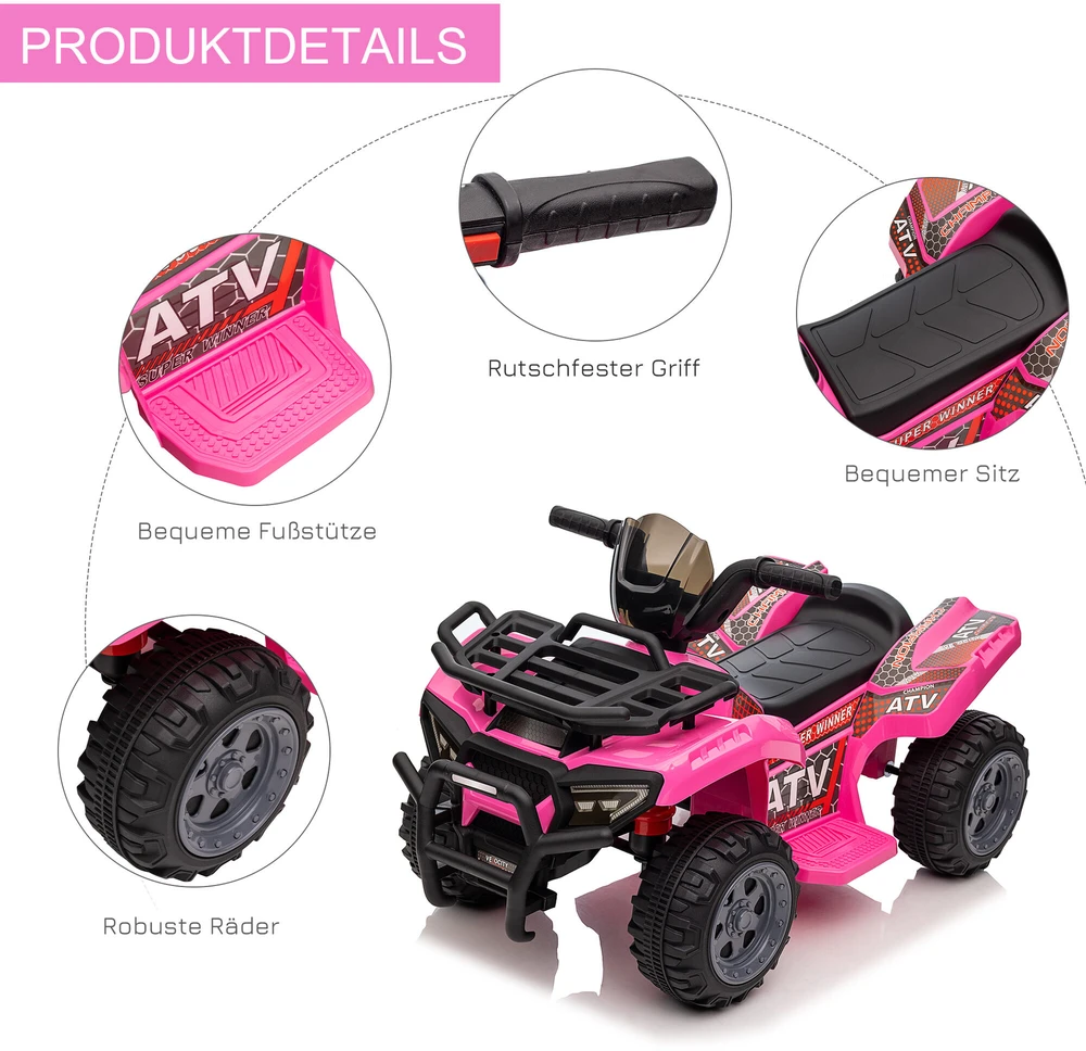 HOMCOM mini elektrinis keturratis vaikams 18-36 mėn., vaikiškas elektrinis ATV su LED priekiniu žibintu, metalas ir PP plastikas, rožinis