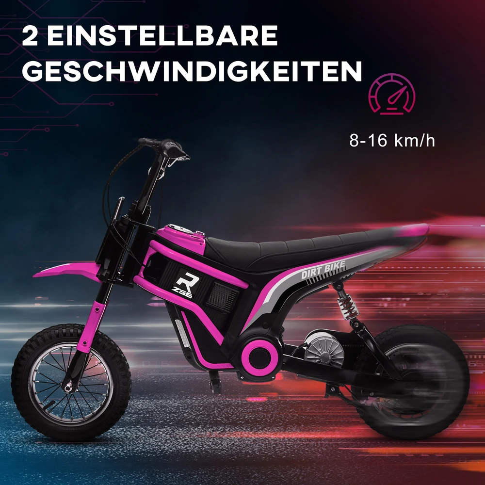 HOMCOM elektrinis motociklas vaikams, su 24V 350W varikliu, 8-16 KMH greičio režimu, 12 colių pripučiamomis padangomis, elektra varomas motociklas su muzika ir priekiniu žibintu, „Moto Cross“ vaikams nuo 8 iki 12 metų, rožinis
