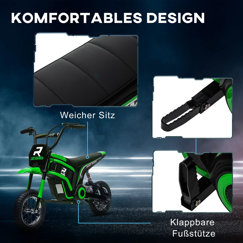 HOMCOM vaikiškas elektrinis motociklas, 12 V vaikiškas motociklas su garsiniu signalu, žibintu, transporto priemonė vaikams su pasukama greičio rankena, 8-16 km/val., 8-12 metų vaikams, žalias | Aosom