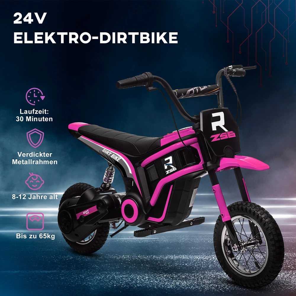 HOMCOM elektrinis motociklas vaikams, su 24V 350W varikliu, 8-16 KMH greičio režimu, 12 colių pripučiamomis padangomis, elektra varomas motociklas su muzika ir priekiniu žibintu, „Moto Cross“ vaikams nuo 8 iki 12 metų, rožinis
