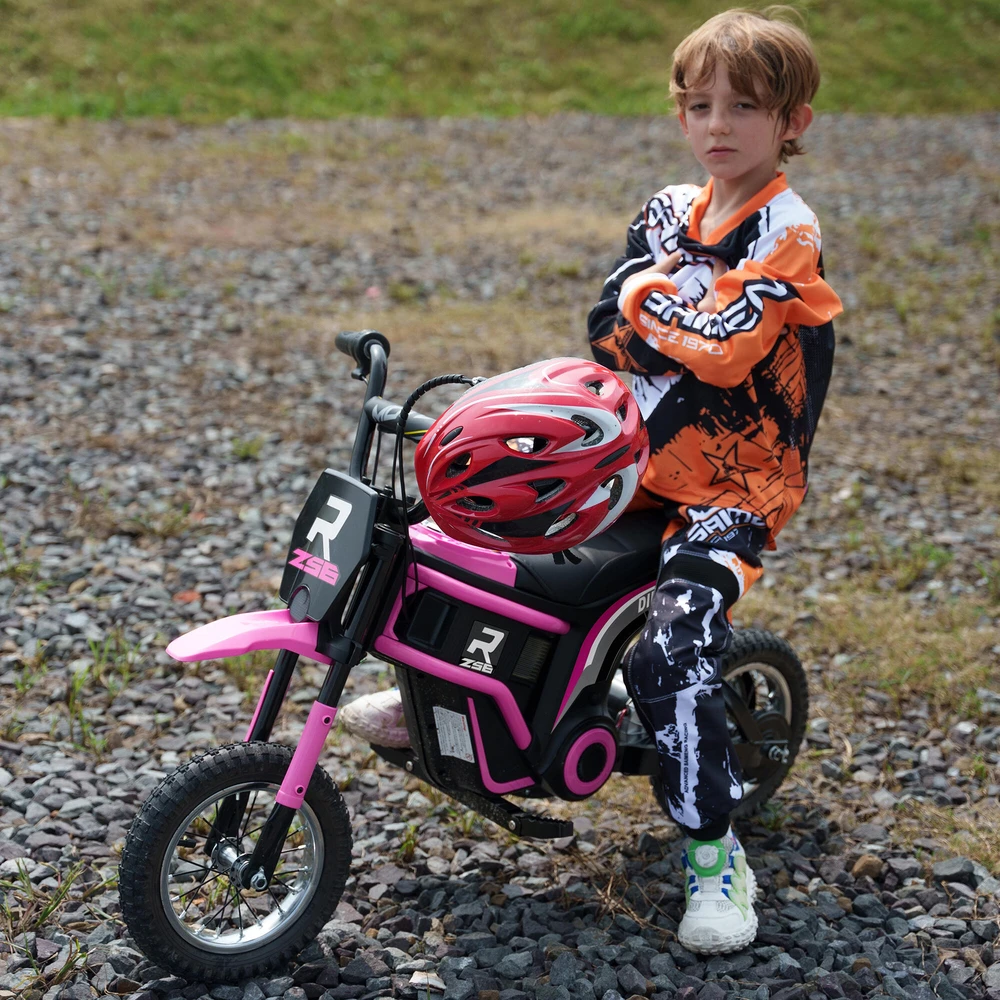 HOMCOM elektrinis motociklas vaikams, su 24V 350W varikliu, 8-16 KMH greičio režimu, 12 colių pripučiamomis padangomis, elektra varomas motociklas su muzika ir priekiniu žibintu, „Moto Cross“ vaikams nuo 8 iki 12 metų, rožinis