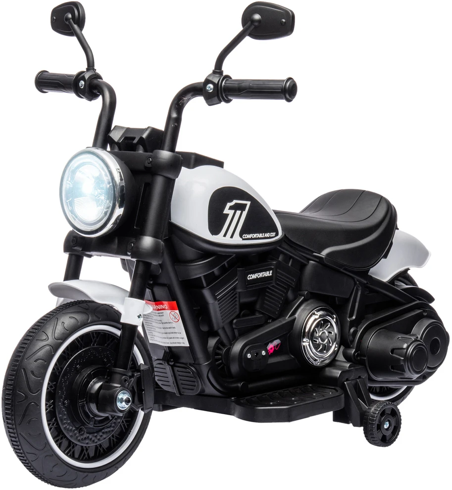 HOMCOM Vaikiškas motociklas Vaikiškas elektrinis motociklas Elektrinė transporto priemonė Vaikiška transporto priemonė su 2 nuimamais mokomaisiais ratais, 3 km/val., skirta 1,5-3 metų vaikams Balta 76 x 42 x 57 cm