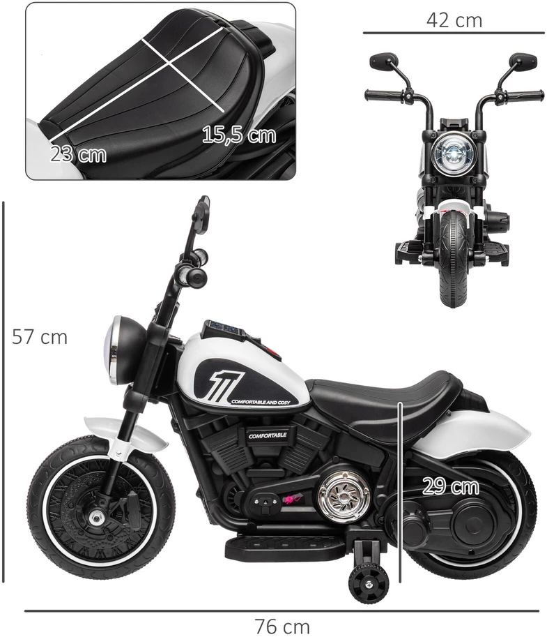 HOMCOM Vaikiškas motociklas Vaikiškas elektrinis motociklas Elektrinė transporto priemonė Vaikiška transporto priemonė su 2 nuimamais mokomaisiais ratais, 3 km/val., skirta 1,5-3 metų vaikams Balta 76 x 42 x 57 cm