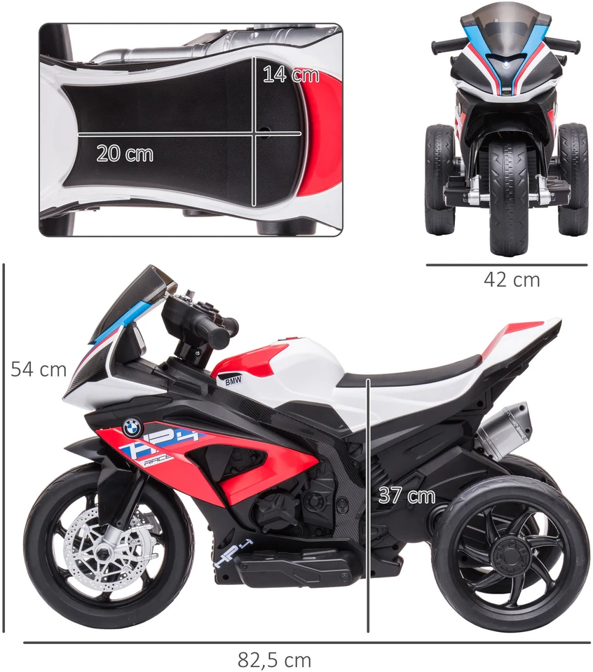 HOMCOM vaikiškas elektrinis motociklas, 6V vaikiška transporto priemonė, elektrinis triratis su 3 muzikos režimais, 2,5 km/val., nuo 18 mėnesių, PP metalas, raudonas
