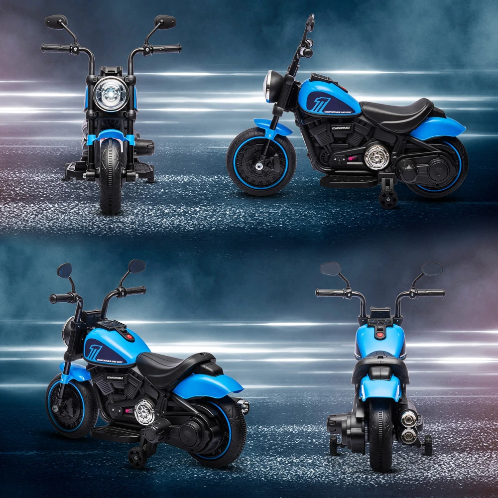 HOMCOM vaikiškas elektrinis motociklas su 2 nuimamais pagalbiniais ratukais, 1,5–3 km/val., skirtas 1,5–3 metų vaikams, mėlynas