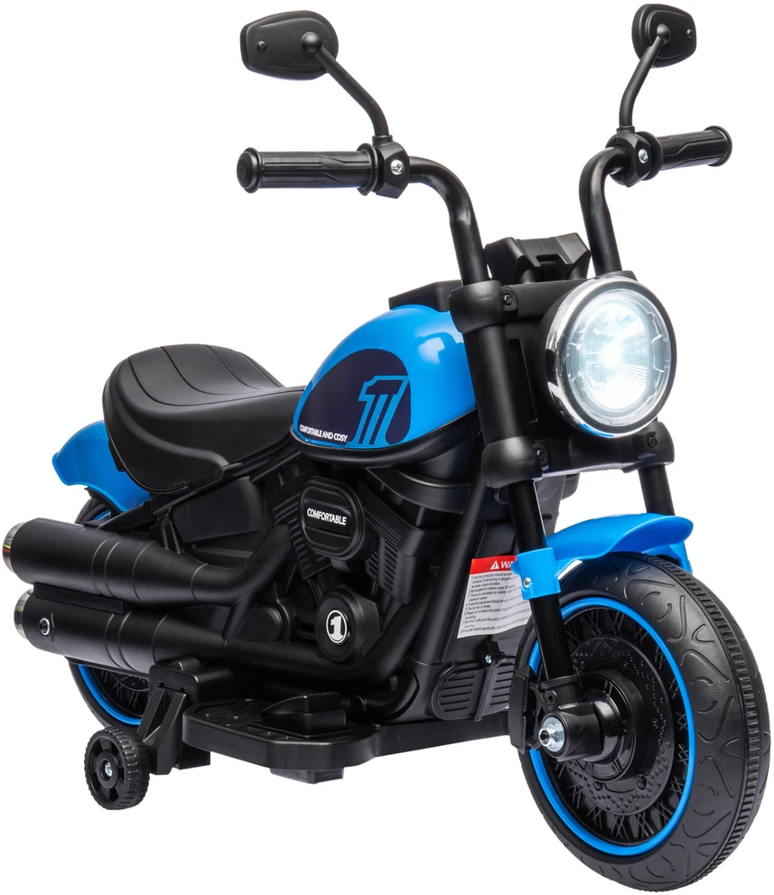 HOMCOM vaikiškas elektrinis motociklas su 2 nuimamais pagalbiniais ratukais, 1,5–3 km/val., skirtas 1,5–3 metų vaikams, mėlynas