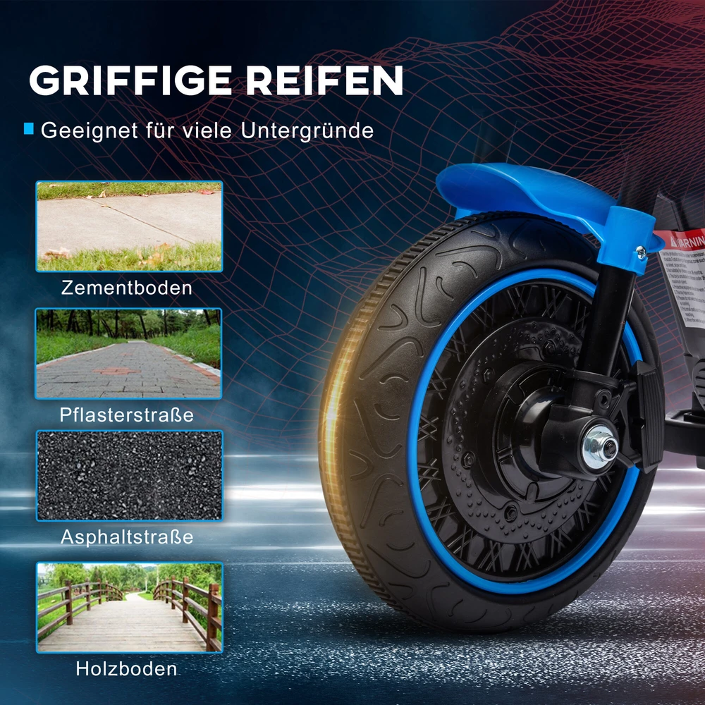 HOMCOM vaikiškas elektrinis motociklas su 2 nuimamais pagalbiniais ratukais, 1,5–3 km/val., skirtas 1,5–3 metų vaikams, mėlynas