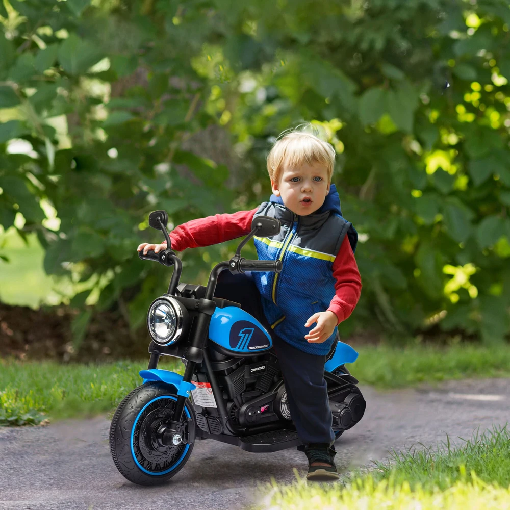 HOMCOM vaikiškas elektrinis motociklas su 2 nuimamais pagalbiniais ratukais, 1,5–3 km/val., skirtas 1,5–3 metų vaikams, mėlynas