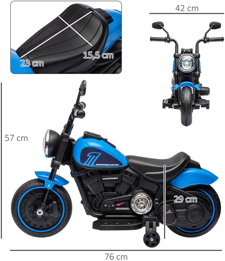 HOMCOM vaikiškas elektrinis motociklas su 2 nuimamais pagalbiniais ratukais, 1,5–3 km/val., skirtas 1,5–3 metų vaikams, mėlynas