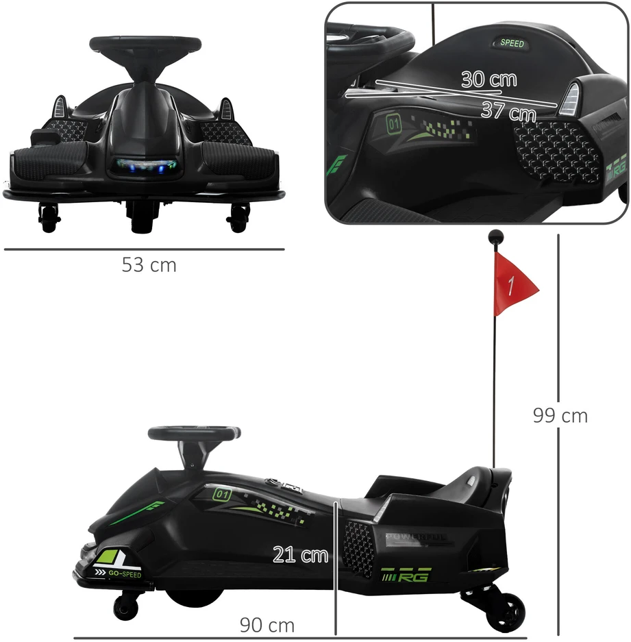 HOMCOM Vaikų Elektrinis Gokartas 12 V 3-8 km/h Drifto Kartas su Drifto režimu, Lėtuoju paleidimu, Gokartas su šviesomis, muzika, saugos diržu, vaikiška transporto priemonė 8-12 metų vaikams, juoda