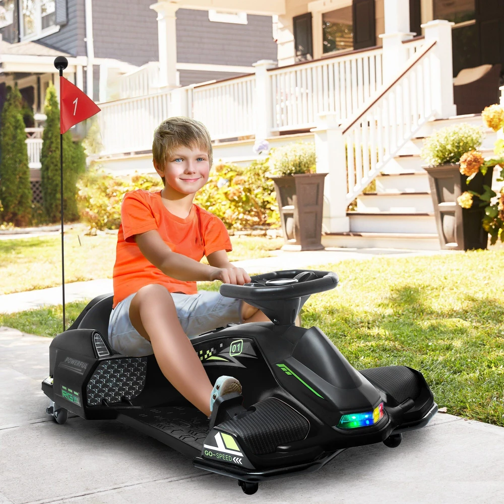 HOMCOM Vaikų Elektrinis Gokartas 12 V 3-8 km/h Drifto Kartas su Drifto režimu, Lėtuoju paleidimu, Gokartas su šviesomis, muzika, saugos diržu, vaikiška transporto priemonė 8-12 metų vaikams, juoda