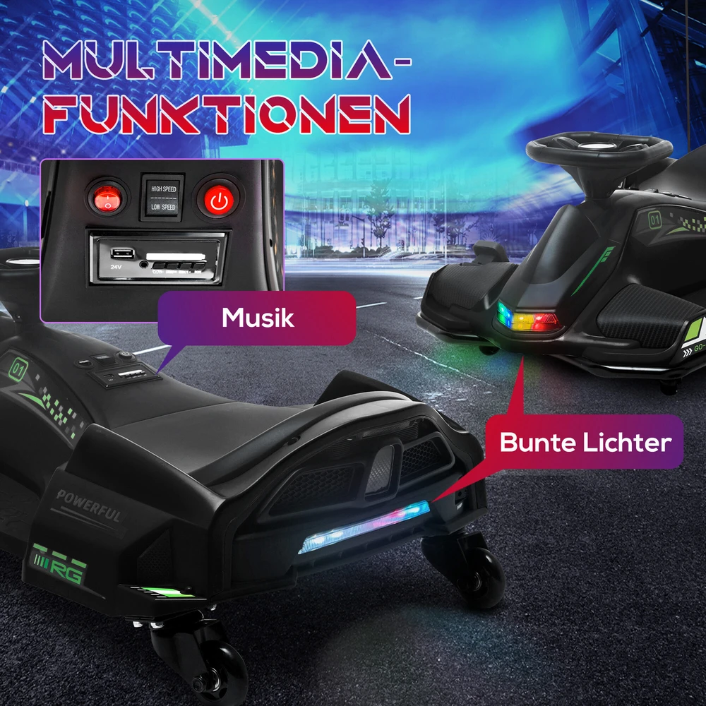 HOMCOM Vaikų Elektrinis Gokartas 12 V 3-8 km/h Drifto Kartas su Drifto režimu, Lėtuoju paleidimu, Gokartas su šviesomis, muzika, saugos diržu, vaikiška transporto priemonė 8-12 metų vaikams, juoda