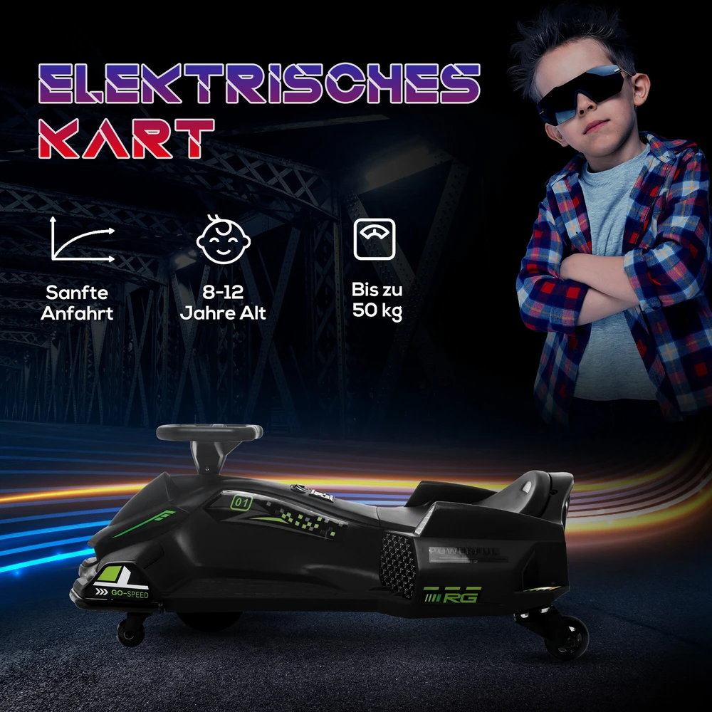 HOMCOM Vaikų Elektrinis Gokartas 12 V 3-8 km/h Drifto Kartas su Drifto režimu, Lėtuoju paleidimu, Gokartas su šviesomis, muzika, saugos diržu, vaikiška transporto priemonė 8-12 metų vaikams, juoda