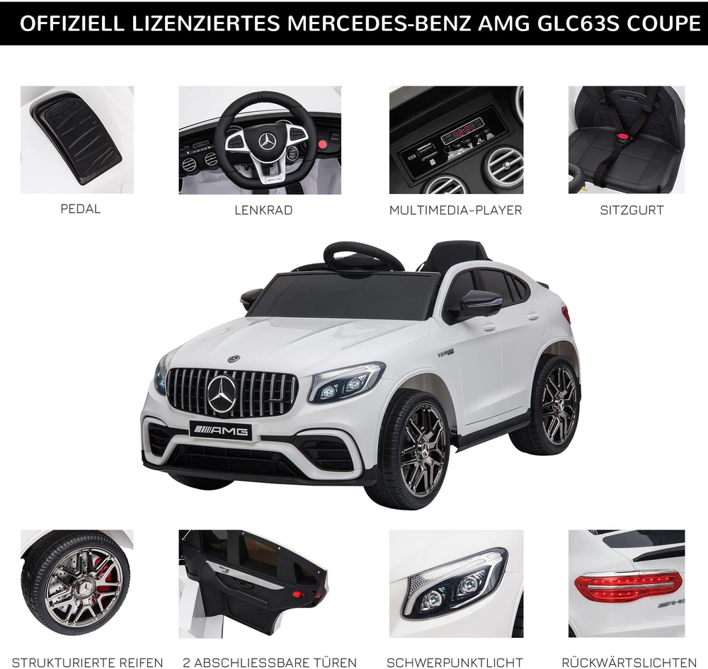 Homcom Mercedes-Benz AMG GLA45 licencijuotas vaikiškas elektrinis automobilis su nuotolinio valdymo pulteliu, MP3, saugos diržais, 37-60 mėn., baltos spalvos