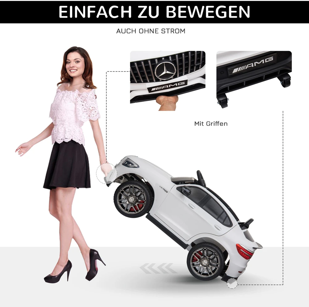Homcom Mercedes-Benz AMG GLA45 licencijuotas vaikiškas elektrinis automobilis su nuotolinio valdymo pulteliu, MP3, saugos diržais, 37-60 mėn., baltos spalvos
