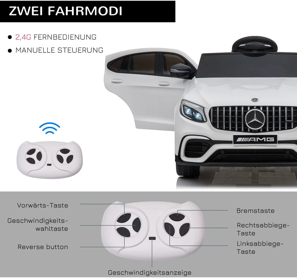 Homcom Mercedes-Benz AMG GLA45 licencijuotas vaikiškas elektrinis automobilis su nuotolinio valdymo pulteliu, MP3, saugos diržais, 37-60 mėn., baltos spalvos