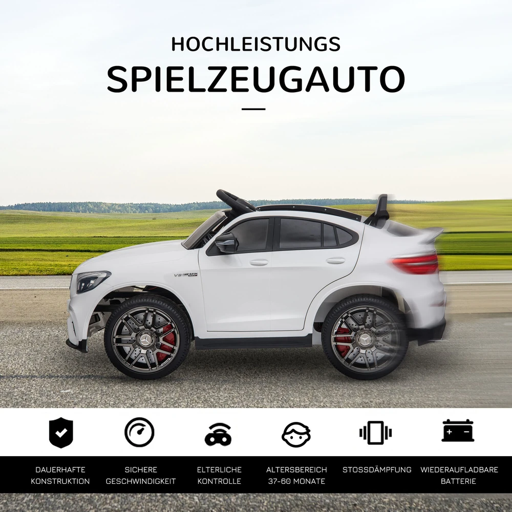 Homcom Mercedes-Benz AMG GLA45 licencijuotas vaikiškas elektrinis automobilis su nuotolinio valdymo pulteliu, MP3, saugos diržais, 37-60 mėn., baltos spalvos