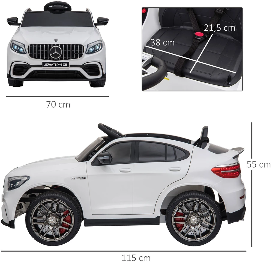 Homcom Mercedes-Benz AMG GLA45 licencijuotas vaikiškas elektrinis automobilis su nuotolinio valdymo pulteliu, MP3, saugos diržais, 37-60 mėn., baltos spalvos