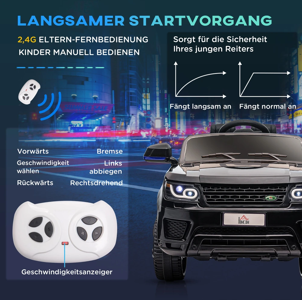 HOMCOM vaikiškas elektromobilis, su 2,4 G nuotolinio valdymo pultu, saugos diržu, muzika, garsiniu signalu, priekiniais žibintais, vaikiškas automobilis iki 5 km/h, vaikams nuo 3–5 metų