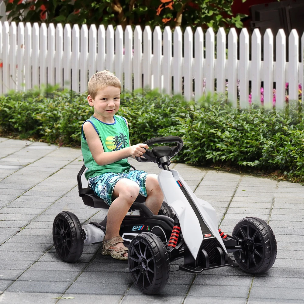 Vaikiškas elektrinis kartingas HOMCOM, 12 V, 3–5 km/h, drifto kartas su 2 reguliuojamais režimais, saugos diržu, vairu, vaikiška transporto priemonė 3–8 metų vaikams, baltas