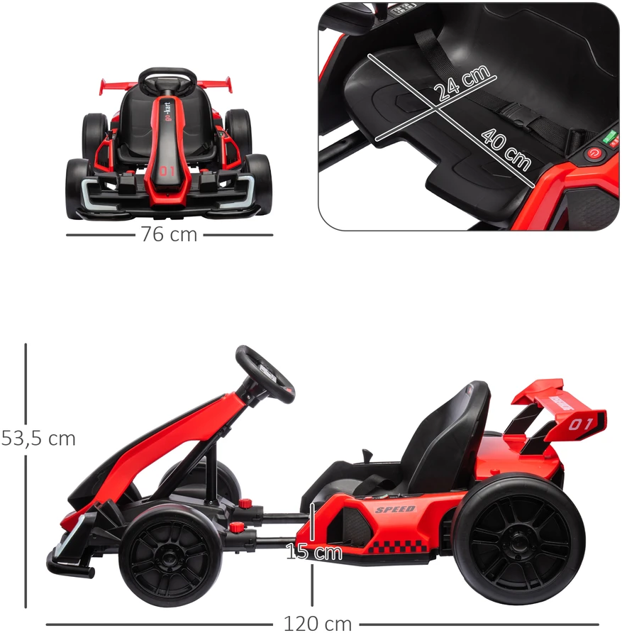 HOMCOM vaikų elektrinis kartingas 24 V 6-12km/h drift kartingas su drift režimu, lėtu startu, 3 padėčių reguliuojama sėdyne, kartingas su ekranu, muzika, saugos diržu, vaikiška transporto priemonė 6-12 metų vaikams, raudona