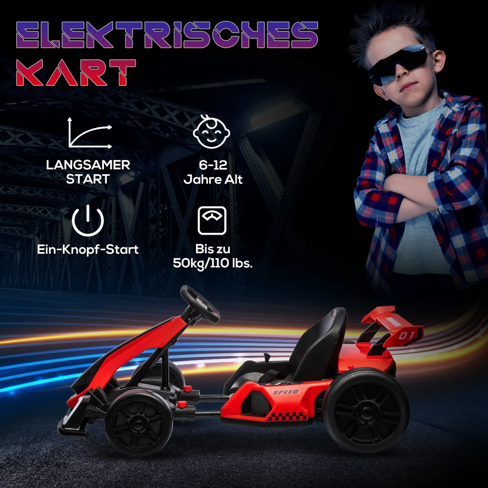 HOMCOM vaikų elektrinis kartingas 24 V 6-12km/h drift kartingas su drift režimu, lėtu startu, 3 padėčių reguliuojama sėdyne, kartingas su ekranu, muzika, saugos diržu, vaikiška transporto priemonė 6-12 metų vaikams, raudona
