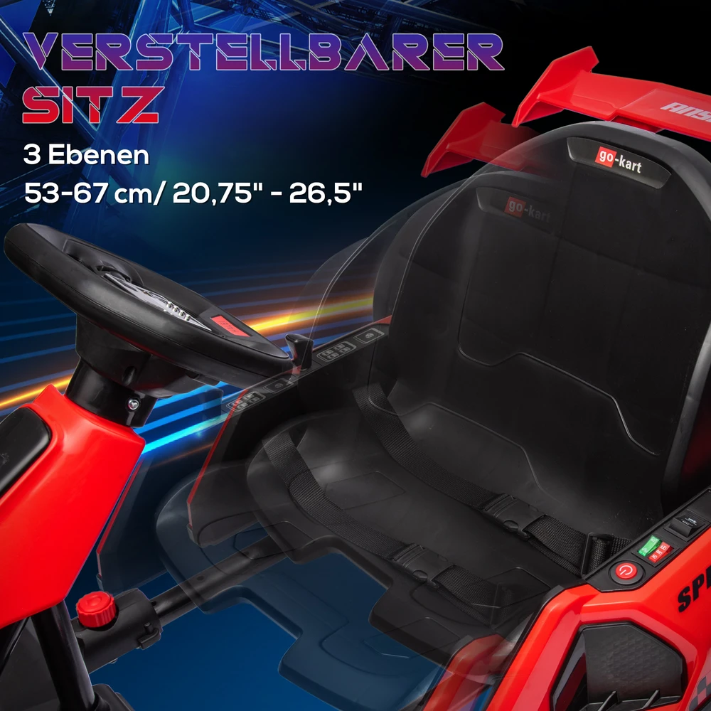 HOMCOM vaikų elektrinis kartingas 24 V 6-12km/h drift kartingas su drift režimu, lėtu startu, 3 padėčių reguliuojama sėdyne, kartingas su ekranu, muzika, saugos diržu, vaikiška transporto priemonė 6-12 metų vaikams, raudona
