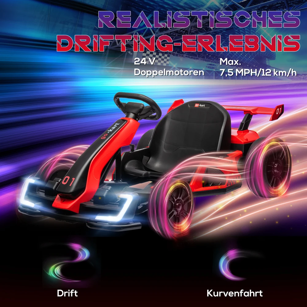 HOMCOM vaikų elektrinis kartingas 24 V 6-12km/h drift kartingas su drift režimu, lėtu startu, 3 padėčių reguliuojama sėdyne, kartingas su ekranu, muzika, saugos diržu, vaikiška transporto priemonė 6-12 metų vaikams, raudona