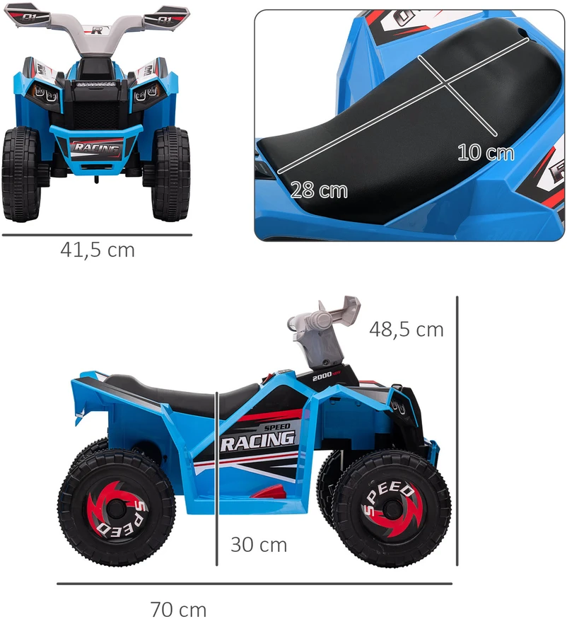 HOMCOM elektrinis vaikiškas keturratis, mini elektrinis keturratis su važiavimo pirmyn ir atgal funkcija, 6 V elektrinė transporto priemonė vaikams nuo 1,5-3 metų, 2,5 km/val., mėlynas