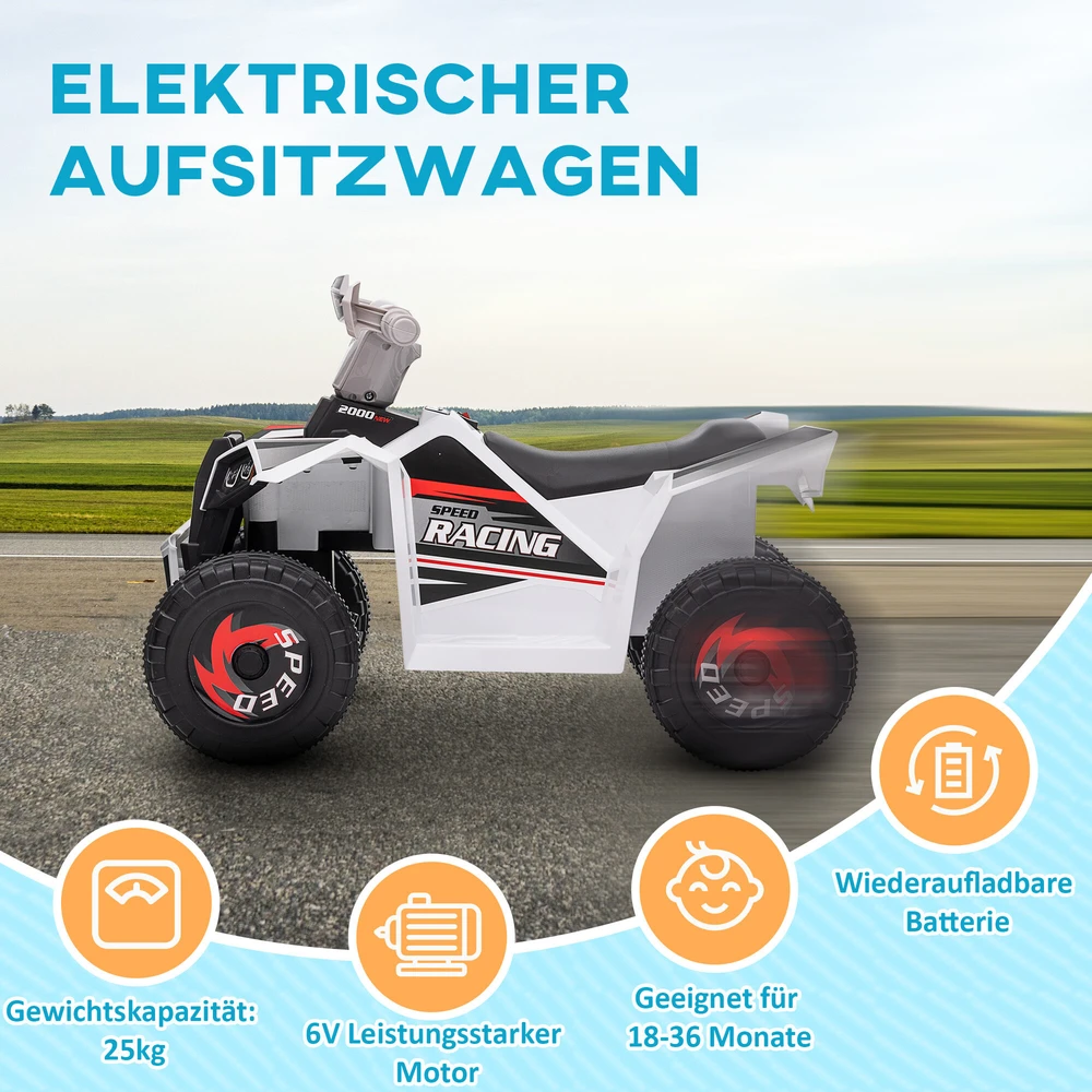 HOMCOM elektrinis vaikiškas keturratis, mini elektrinis keturratis su važiavimo pirmyn ir atgal funkcija, 6 V elektrinė transporto priemonė 1,5-3 metų vaikams, 2,5 km/val., baltos spalvos