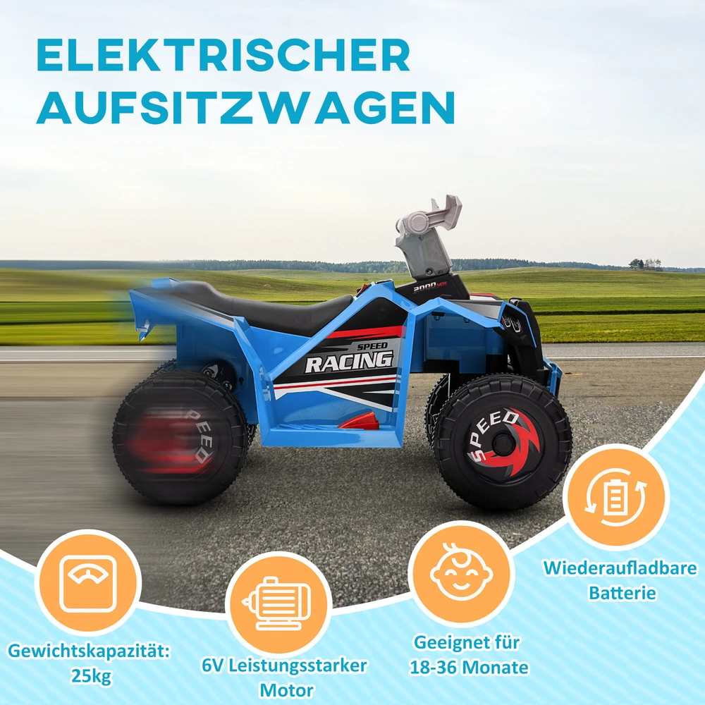 HOMCOM elektrinis vaikiškas keturratis, mini elektrinis keturratis su važiavimo pirmyn ir atgal funkcija, 6 V elektrinė transporto priemonė vaikams nuo 1,5-3 metų, 2,5 km/val., mėlynas