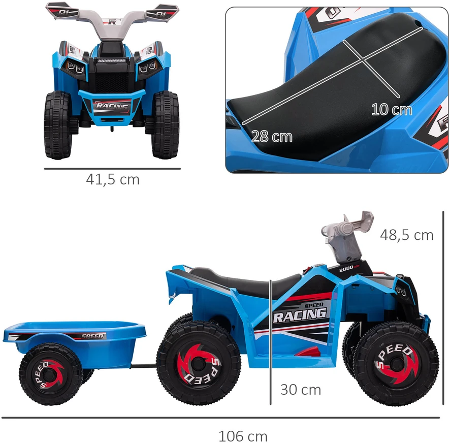HOMCOM vaikiškas elektrinis keturratis, 6V elektromobilis su priekaba, transporto priemonė 1,5–3 metų vaikams, 2,5 km/val., metalas, mėlynas