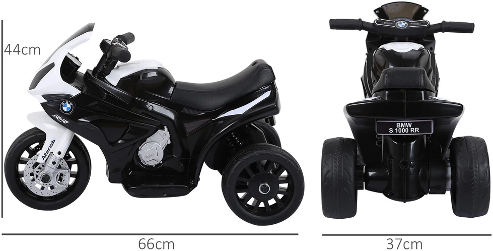 HOMCOM BMW S1000RR licencijuotas elektrinis vaikiškas motociklas, vaikiška transporto priemonė su akumuliatoriumi, triratis, plienas, juodas, 66x37x44 cm