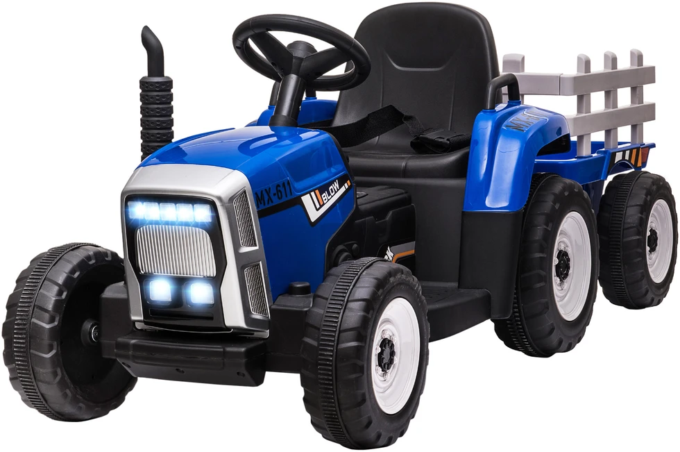 HOMCOM traktorius su priekaba vaikams, važiuojamas elektromobilis su nuotolinio valdymo pulteliu, MP3 grotuvu, žibintais, 3-6 km/h, 3-6 metams, mėlynas