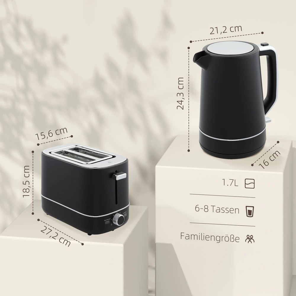 HOMCOM virdulio ir skrudintuvo rinkinys, 2200 W, 1,7 l virdulys, 2 riekelių skrudintuvas, 6 skrudinimo lygiai, pašildymo ir atitirpinimo funkcijos, pusryčių komplektas su kalkių filtru ir trupinių padėklu, juodas