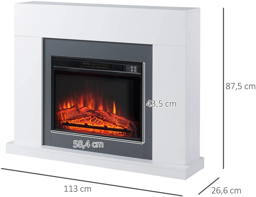 HOMCOM LED elektrinis židinys Stovintis židinys Krosnelė su liepsnos efektu 1800/2000W Vidaus šildymas Dekoratyvinis židinys MDF Baltas 113x26,6x87,5cm, suteikiantis jaukumo