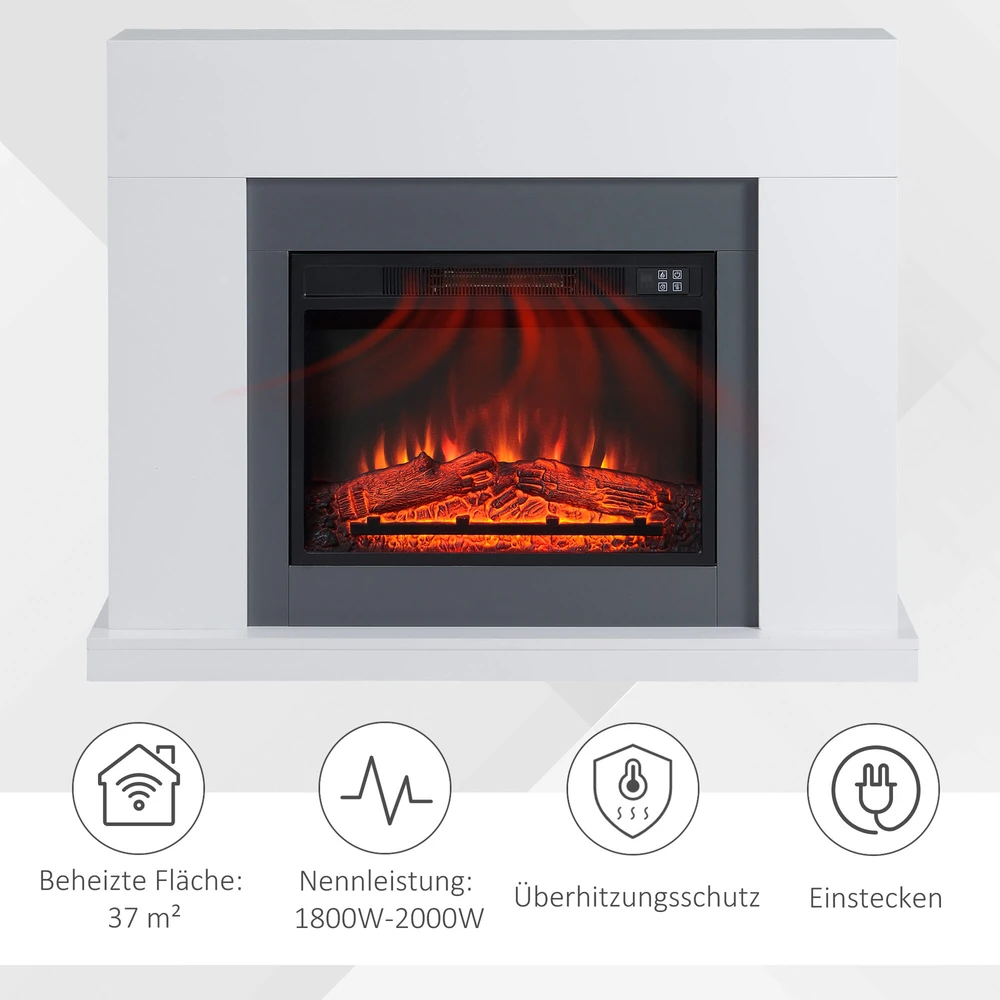 HOMCOM LED elektrinis židinys Stovintis židinys Krosnelė su liepsnos efektu 1800/2000W Vidaus šildymas Dekoratyvinis židinys MDF Baltas 113x26,6x87,5cm, suteikiantis jaukumo