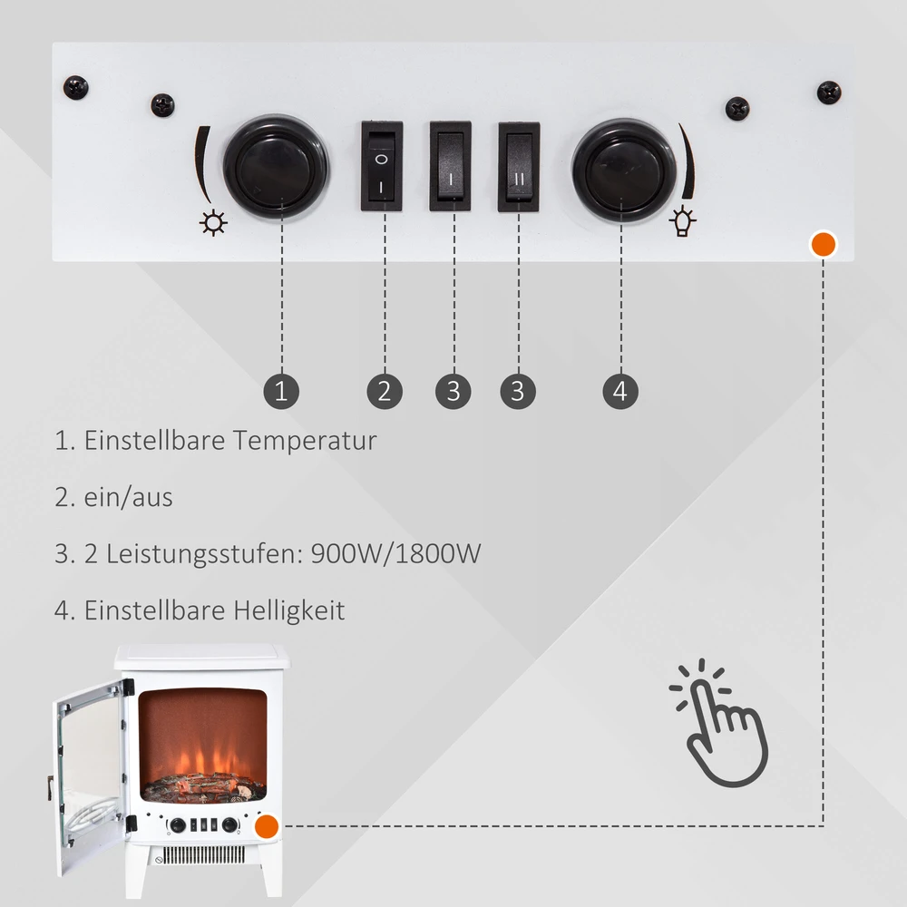 HOMCOM LED elektrinis židinys Stovintis židinys Krosnelė su liepsnos efektu 900/1800 W Metalas ABS plastikas Stiklas Balta 39 x 26 x 54,8 cm