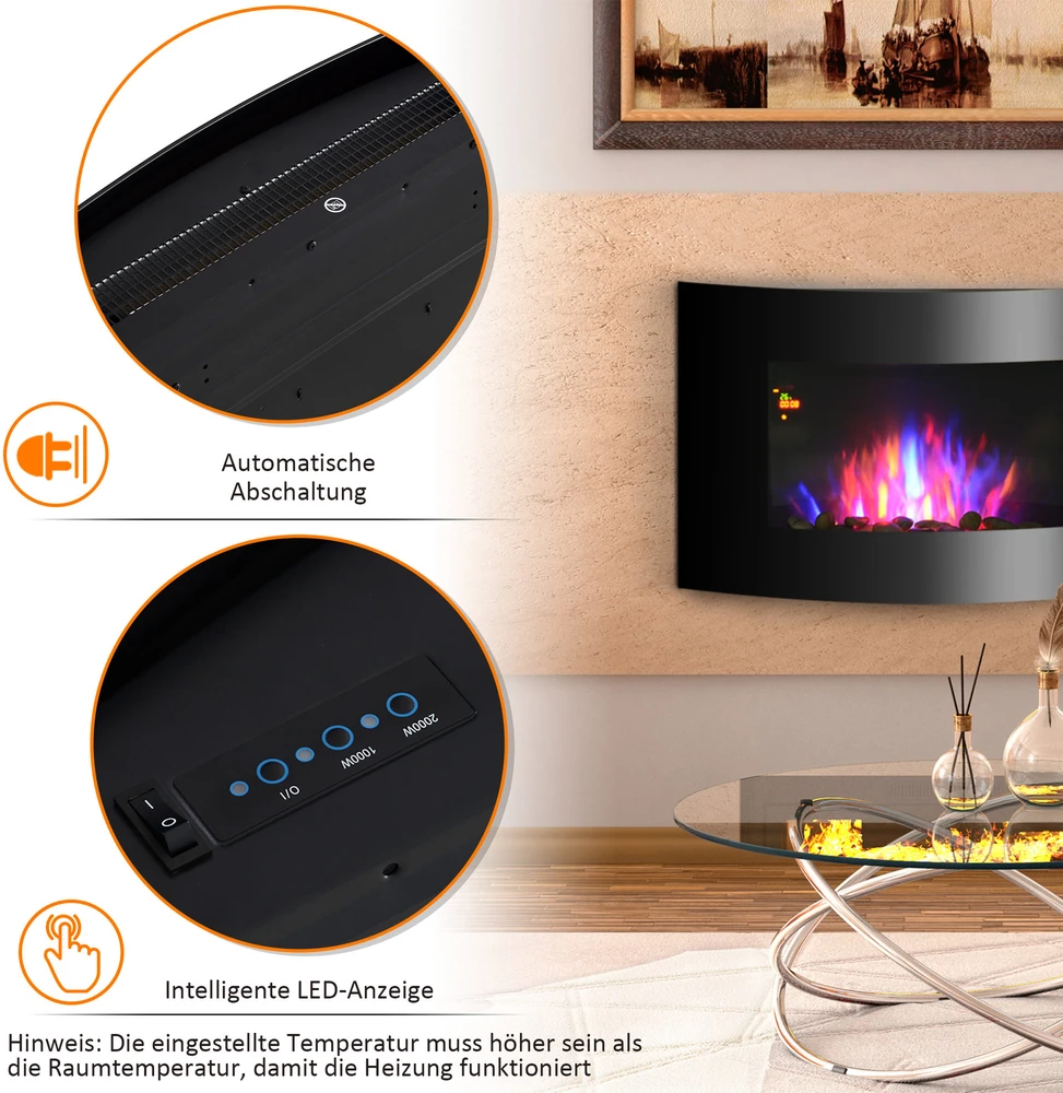 HOMCOM elektrinis židinys židinio krosnelė elektrinis 2 galios lygiai reguliuojamas 900/1800 W LED 65 x 11,4 x 52 cm nerūdijantis plienas juodas