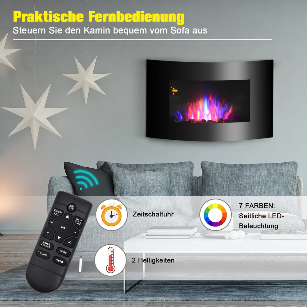 HOMCOM elektrinis židinys židinio krosnelė elektrinis 2 galios lygiai reguliuojamas 900/1800 W LED 65 x 11,4 x 52 cm nerūdijantis plienas juodas