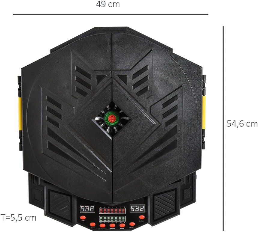 HOMCOM elektroninis smiginio taikinys su durelėmis, 4 LED ekranai, 216 žaidimų, 12 strėlyčių, iki 8 žaidėjų, ABS + PP, 49 x 54,6 x 5,5 cm