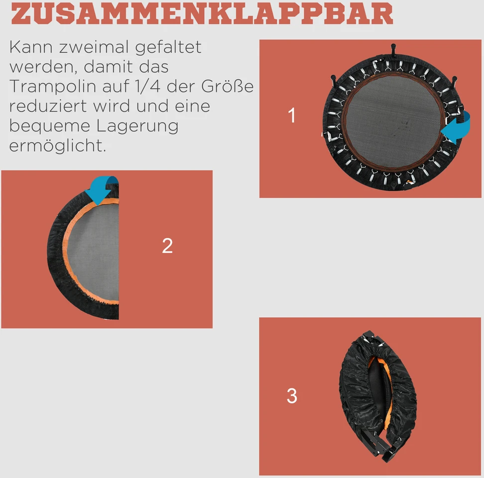 HOMCOM 102 cm fitneso batutas, sulankstomas mini batutas su keturių lygių reguliuojama rankena, fitneso atšokimo batutas suaugusiems, iki 100 kg, juodas
