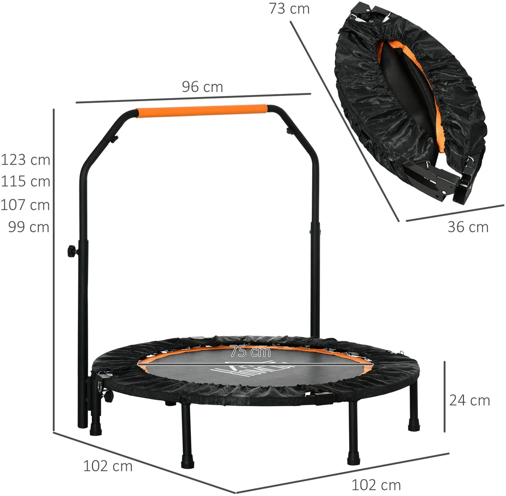 HOMCOM 102 cm fitneso batutas, sulankstomas mini batutas su keturių lygių reguliuojama rankena, fitneso atšokimo batutas suaugusiems, iki 100 kg, juodas