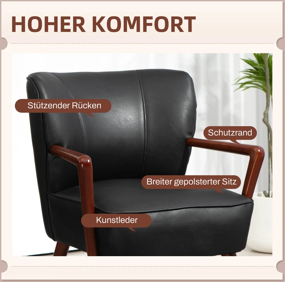 Fotelis HOMCOM minkšta kėdė, paminkštinta akcentinė kėdė su porankiais, medinės kojos, poilsio kėdė svetainei, miegamajam, dirbtinė oda, juoda, 67 x 77 x 80 cm | Aosom